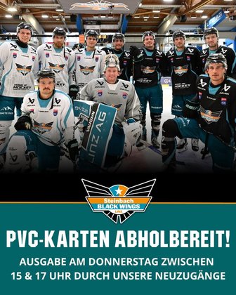 Eishockeyteam Steinbach Black Wings Linz mit Torhüter und Spielern in Trikots vor der Eisfläche.
